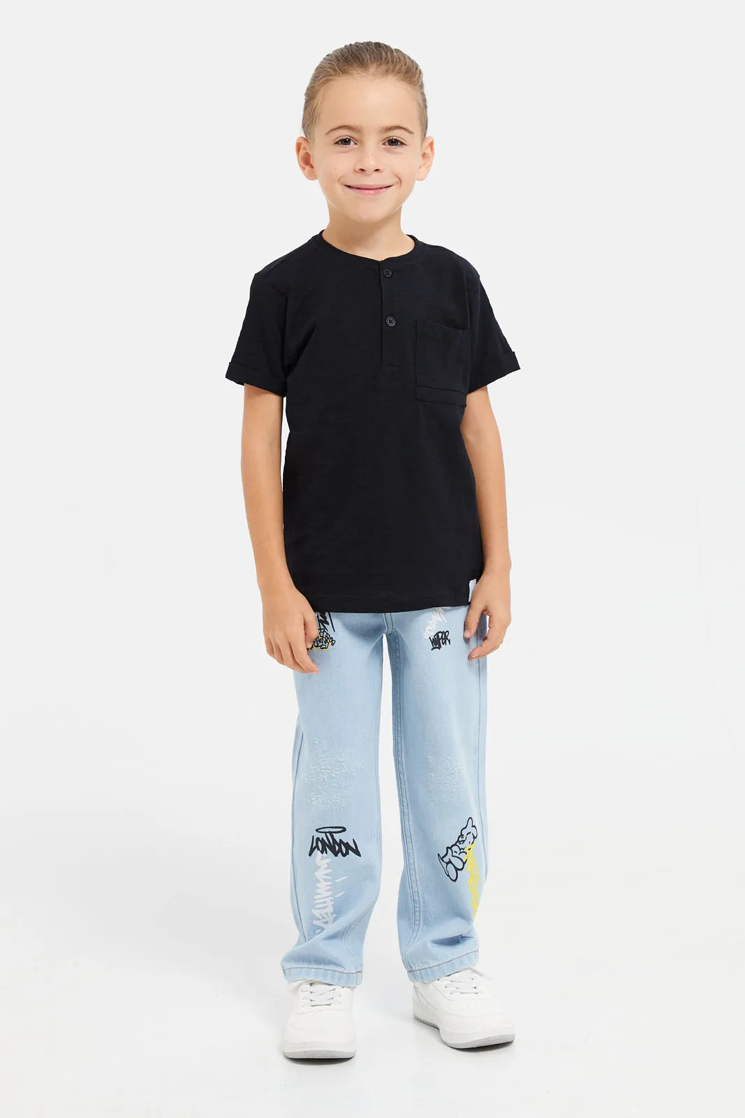 Boys Blue Printed Loose Jeans