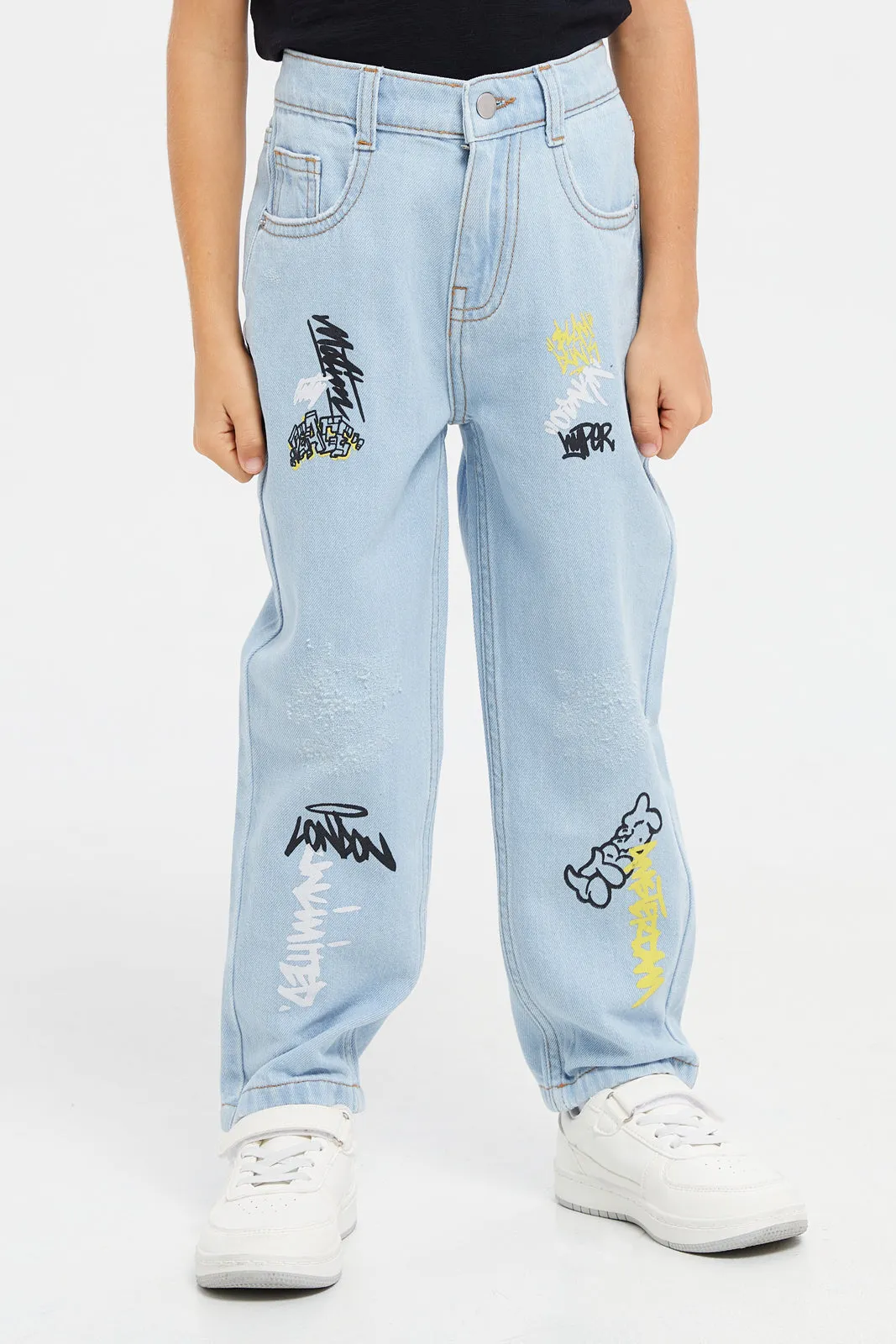 Boys Blue Printed Loose Jeans