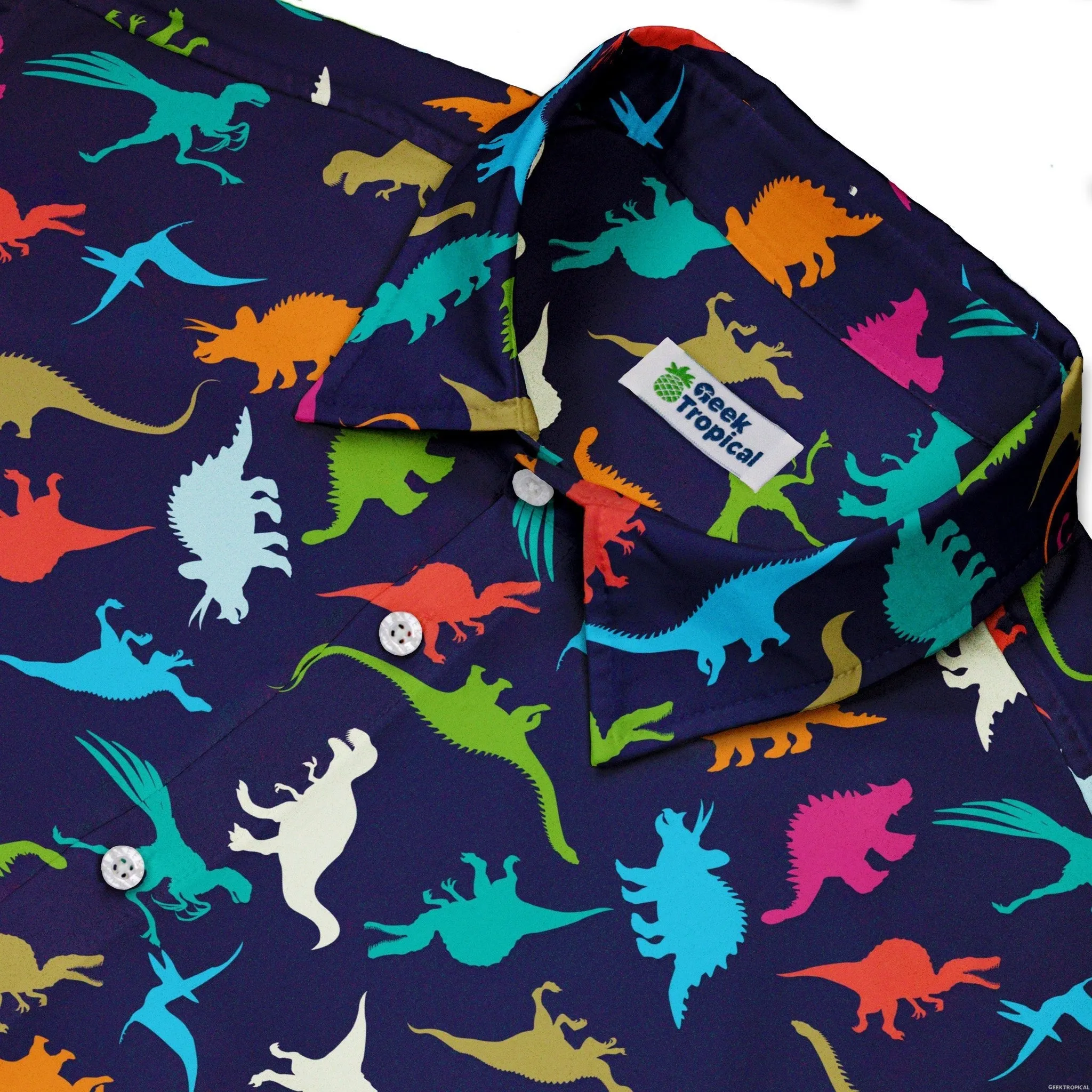 Colorful Dinosaur Silhouettes Navy Button Up Shirt