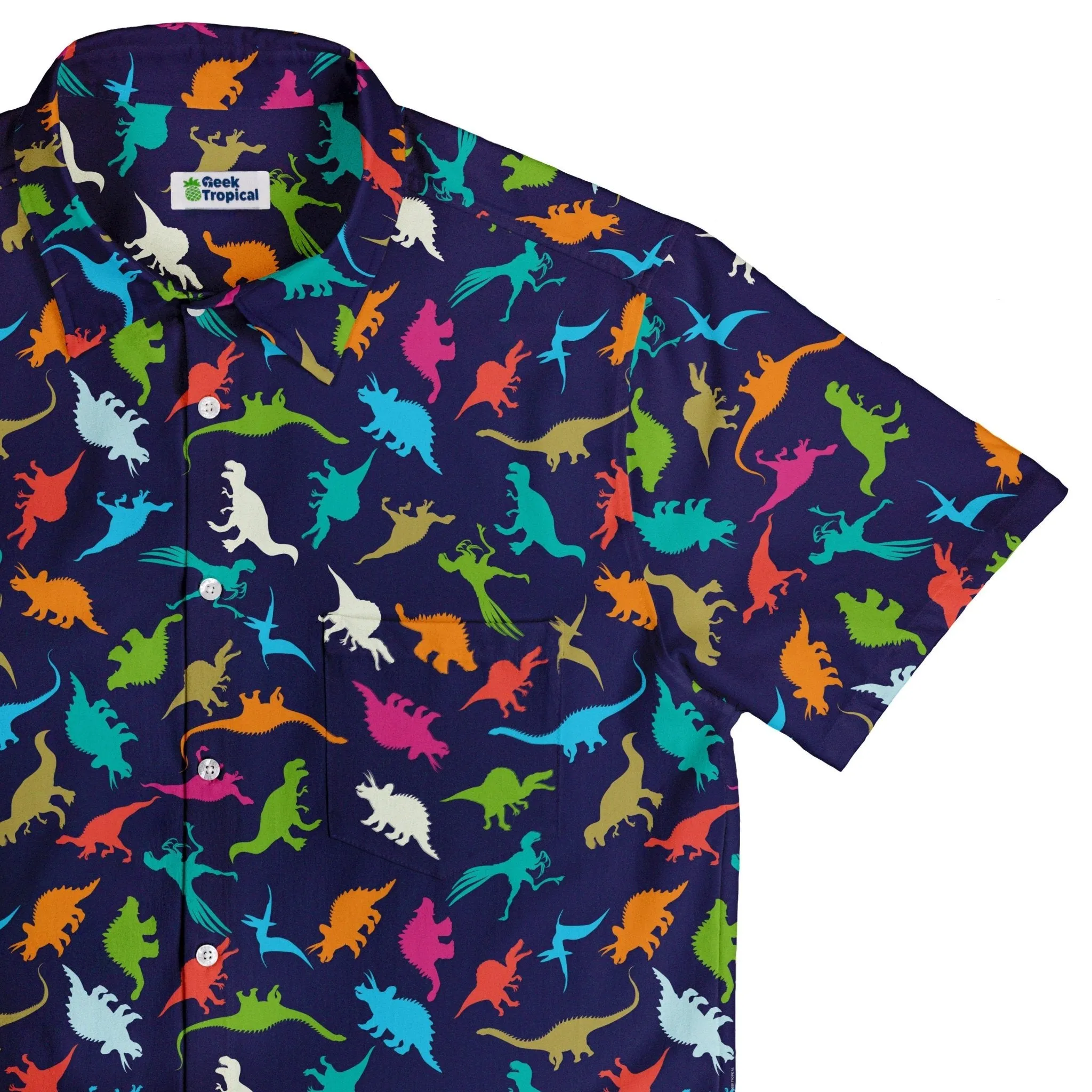 Colorful Dinosaur Silhouettes Navy Button Up Shirt