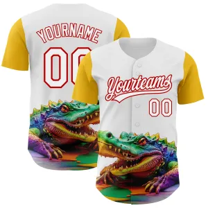 Custom White Red-Yellow 3D Pattern Design Colorful Crocodile Authentic Baseball Jersey