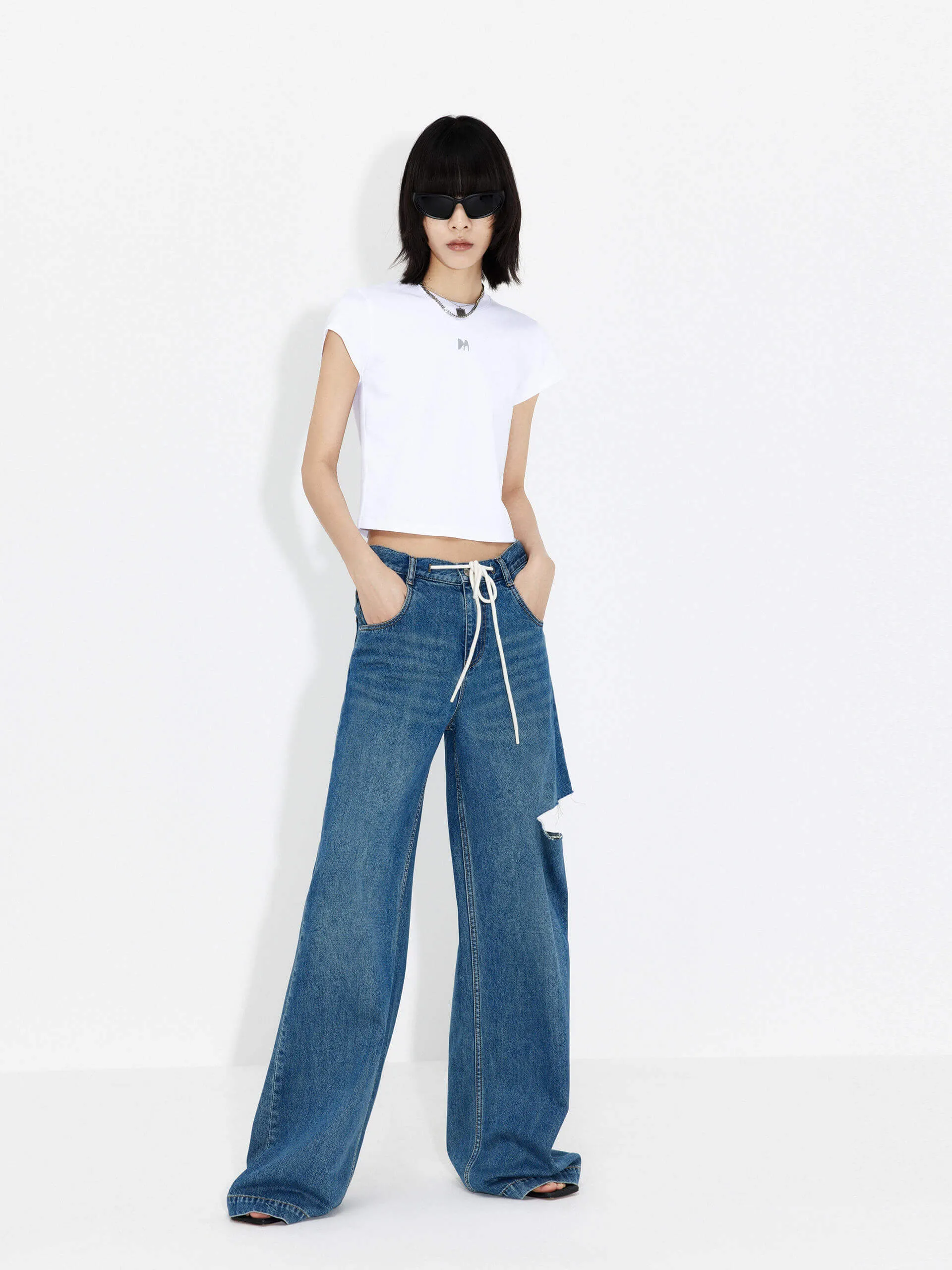 Drawstring Cutout Details Jeans