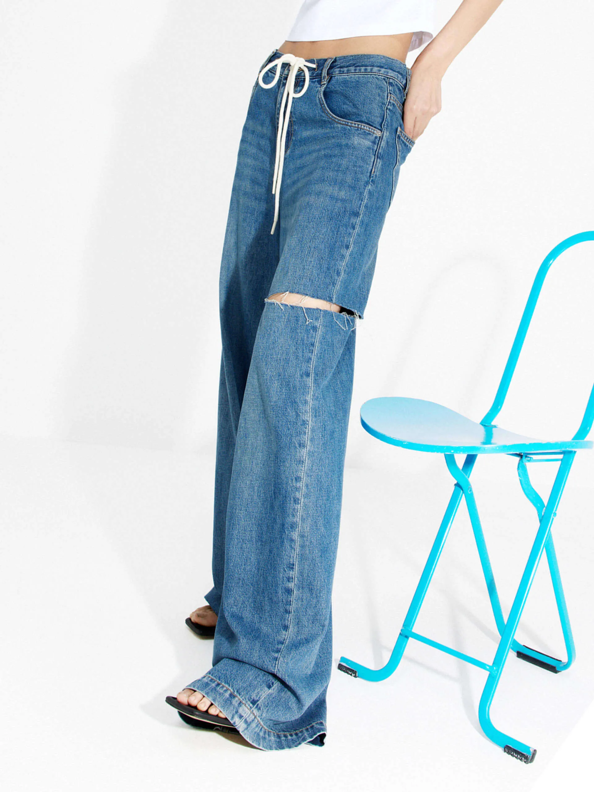 Drawstring Cutout Details Jeans