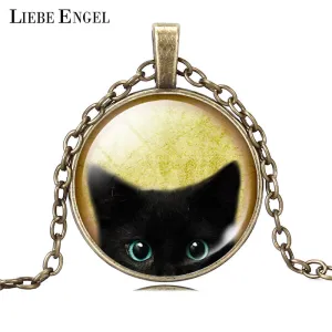 LIEBE ENGEL Unique Necklace Glass Cabochon Silver Bronze Chain Necklace Black Cat Picture Vintage Pendant Necklace For Women