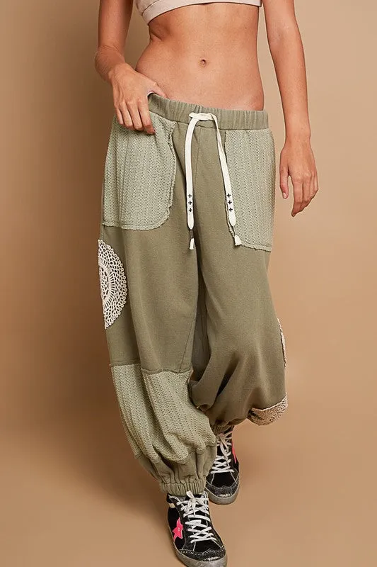 POL French terry cut and sew mix trim detail pants - Atomic Silver or Dried Matcha