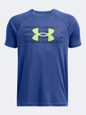 Under Armour Tech Wordmark Logo Boys Training T-Shirt Blue/Morph Green