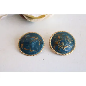 Vintage 1960s Enameled Blue And Gold Earrings